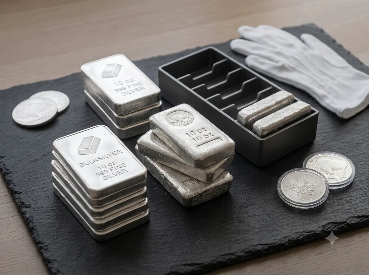 Stacks of 10 ounce silver bars